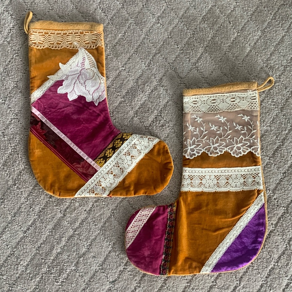 2 Vintage Boho Suede, Velvet & Lace Christmas Stockings